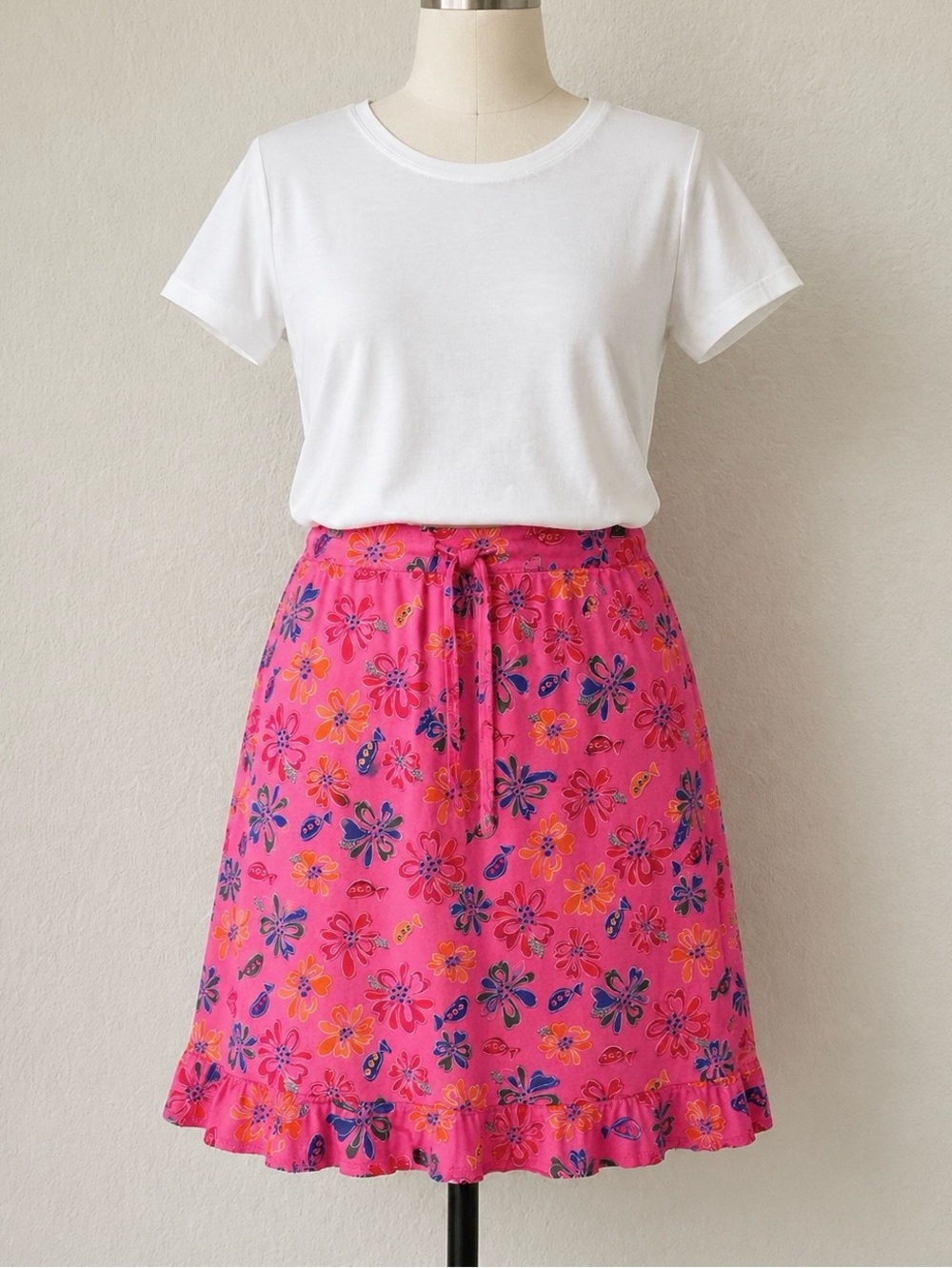 FRESH PRODUCE A-line Midi Skirt M Pull-On Floral Fish Print Beach Resort Summer - Picture 11 of 11